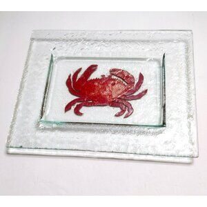 Charlton Glassworks Signed Fused Art Glass Serving Dish with Copper Crab 10x8